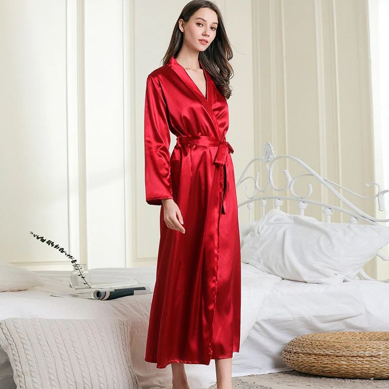 

XIKUO Pajamas Women Imitation Silk Lapel Long Night Gown Sexy Lace Up Pajamas Bathrobe Home Service