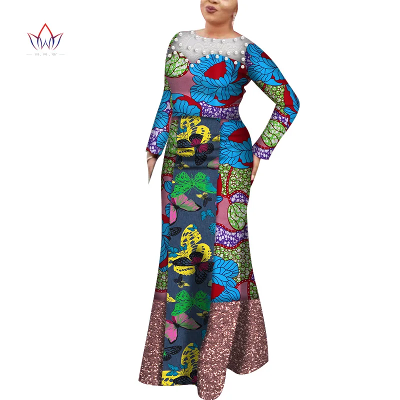 

African Style Clothing Bazin Riche African Wax Print Sequins Long Dresses for Women Dashik Pearls Dress Party Vestidos WY6995
