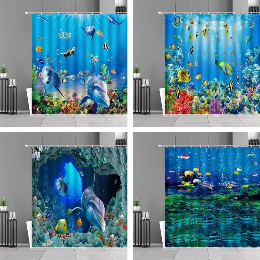 

Underwater World Shower Curtains Fish Turtle Coral Starfish Ocean Landscape Bathroom Bathtub Decoration Waterproof Cloth Curtain
