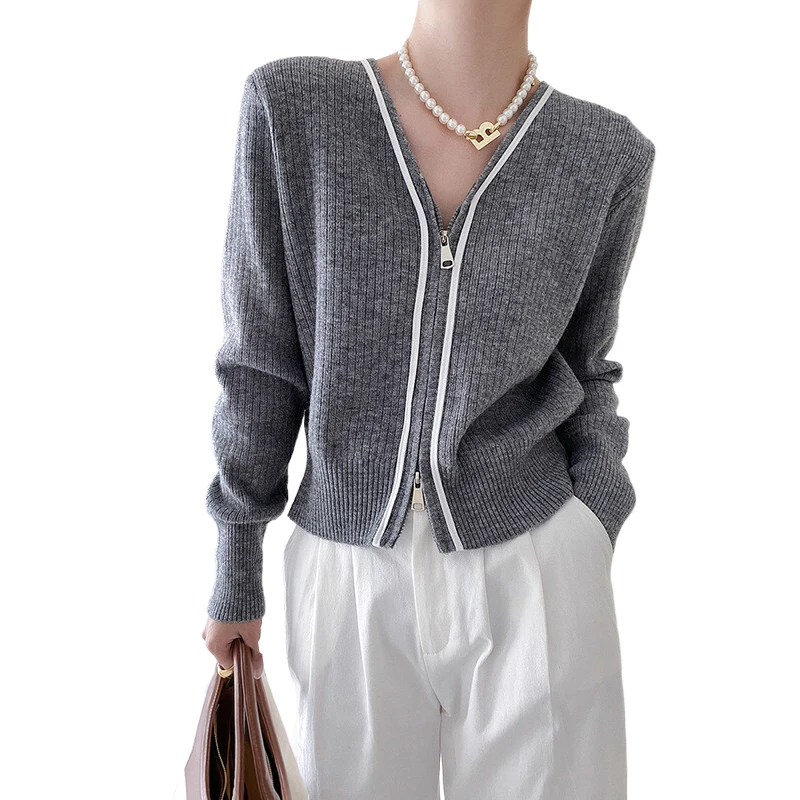 

Outer zipper sweater long sleeve autumn woman knitted cardigan spring female V-neck sweaters jacket cropped tops haut femme