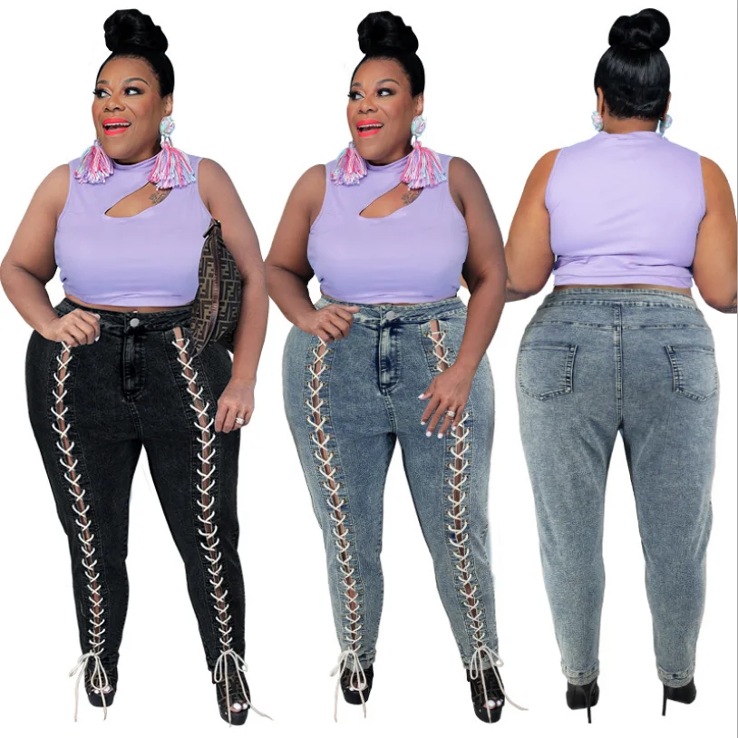 

Streetwear Women Lace-up Jeans Plus Size XL-4XL High Waist Hollow Out Button Light Washed Denim Skinny Pencil Pants 2021 Autumn