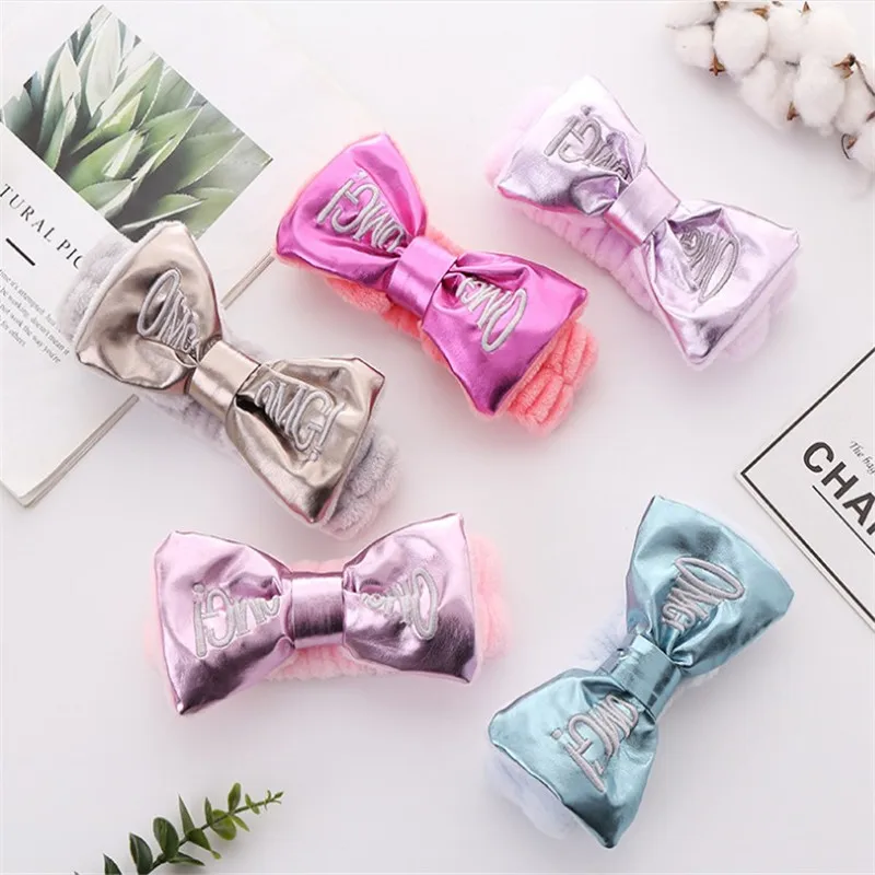 

Повязка на голову OMG из искусственной кожи для женщин и девочек, тюрбан для умывания лица с бантом, аксессуары для волос из кораллового флиса, 2020