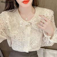 fashion women peter pan collar shirt autumn women apricot lace blouse sweet long sleeve lace shirt tops clothes tops blusa 17250