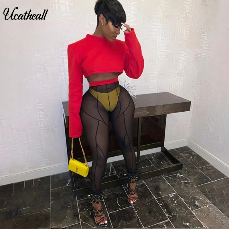 Сексуальный сетчатый прозрачный комплект для женщин из двух предметов с круглым