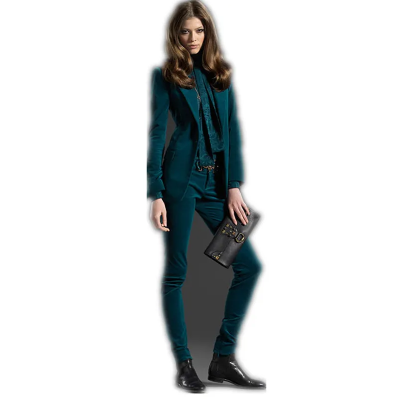 Женский бархатный блейзер делового костюма темно зеленого цвета с брюками