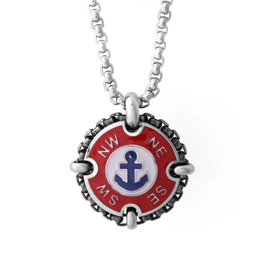 

Runda Men's Necklace Anchor Pattern Red Enamel Pendants Jewelry Making Adjustable Fashion Stainless Steel Pendant Necklace Lot