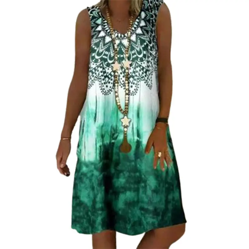 

Womens Dress Fashion Summer Clothes Sleeveless Gradient Tunic Beach Loose V-Neck A-Line Midi Dress for Women Vestidos