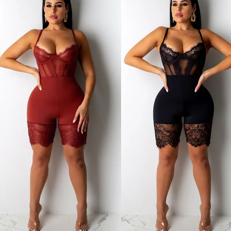 

Hot New Sexy Women Lace Slim Playsuits Strappy Bodycon Solid Jumpsuit Mesh Sleeveless Rompers Clubwear Playsuit