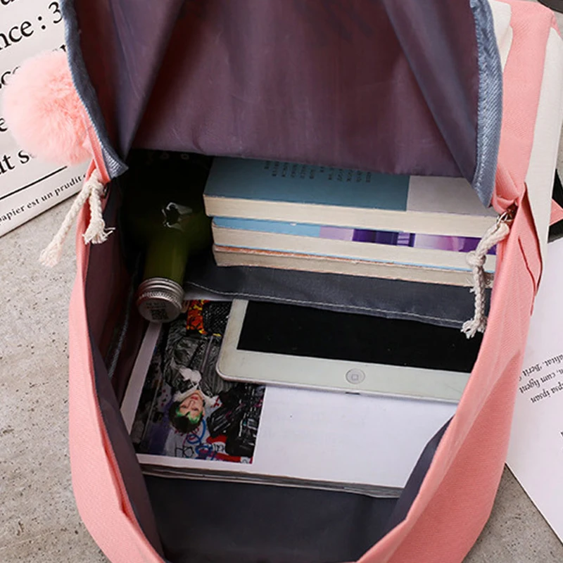 4Pcs/Set Canvas Backpack School Bags for Gilrs Teenagers 2019 Patchwork Rucksack Travel Shoulder Bags+Letter Purse+Pencil Case | Багаж и