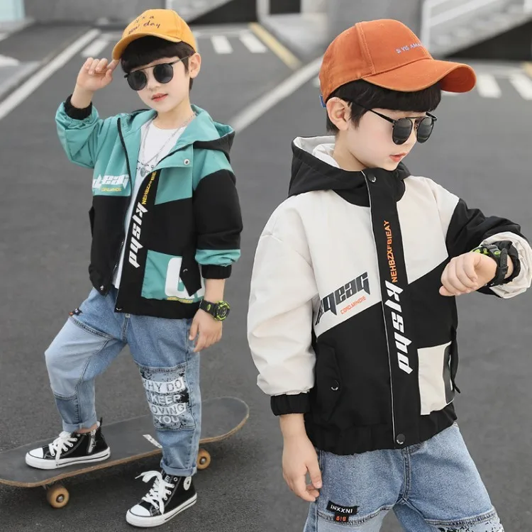 

Повседневная куртка для мальчиков Модный осенний лоскутный кардиган с буквенным принтом Детская Молодежная куртка на молнии с капюшоном с...