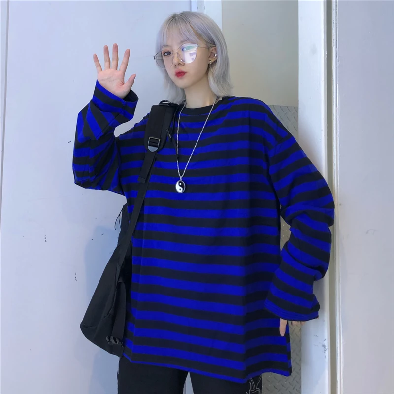 Lychee Harajuku цветная женская футболка с длинным рукавом и круглым вырезом Женская футболка синие и черные осенние женские футболки в полоску