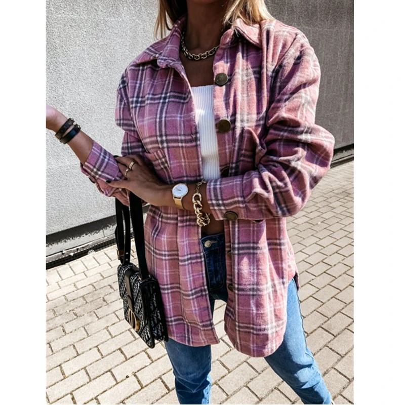 

ALSYIQI 2020 Women's Casual Color Block Plaid Wool Blend Shirt Jacket Coat Long Sleeve Button Down Cardigan