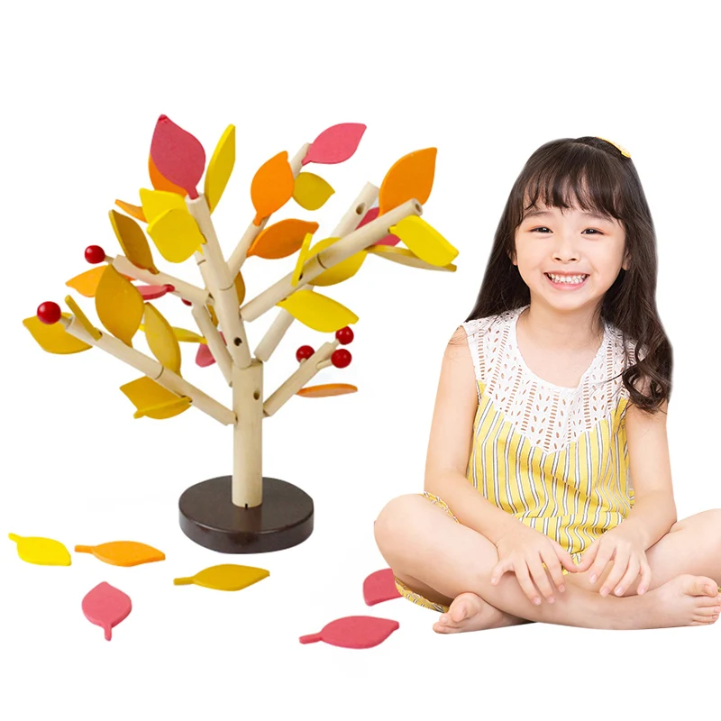 

Chopping Block Early Educational Plug-In Wooden Assembled DIY Fun Tree Four Colors Leave Building Learning Toy For Children