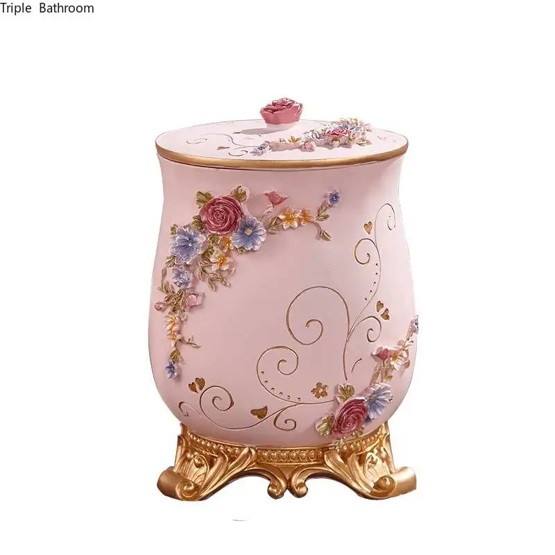 

1 pc European Style Resin Waste Bin with Cover High Capacity Home Living Room Bathroom Trash Can Sundries Barrel Box Supplies