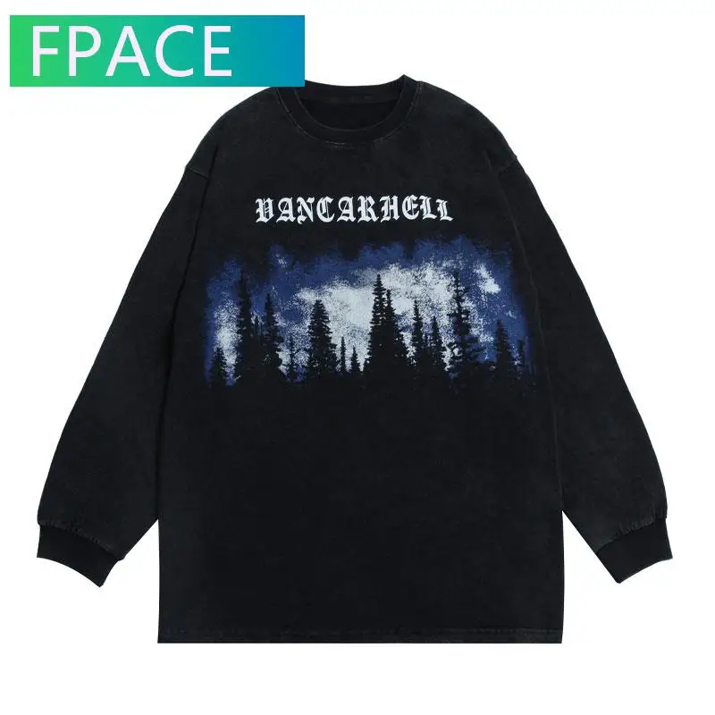 

FPACE Oversized Tees Shirts Landscape Print Long Sleeve Distressed Tshirts Streetwear Hip Hop Casual Cotton Harajuku Tops