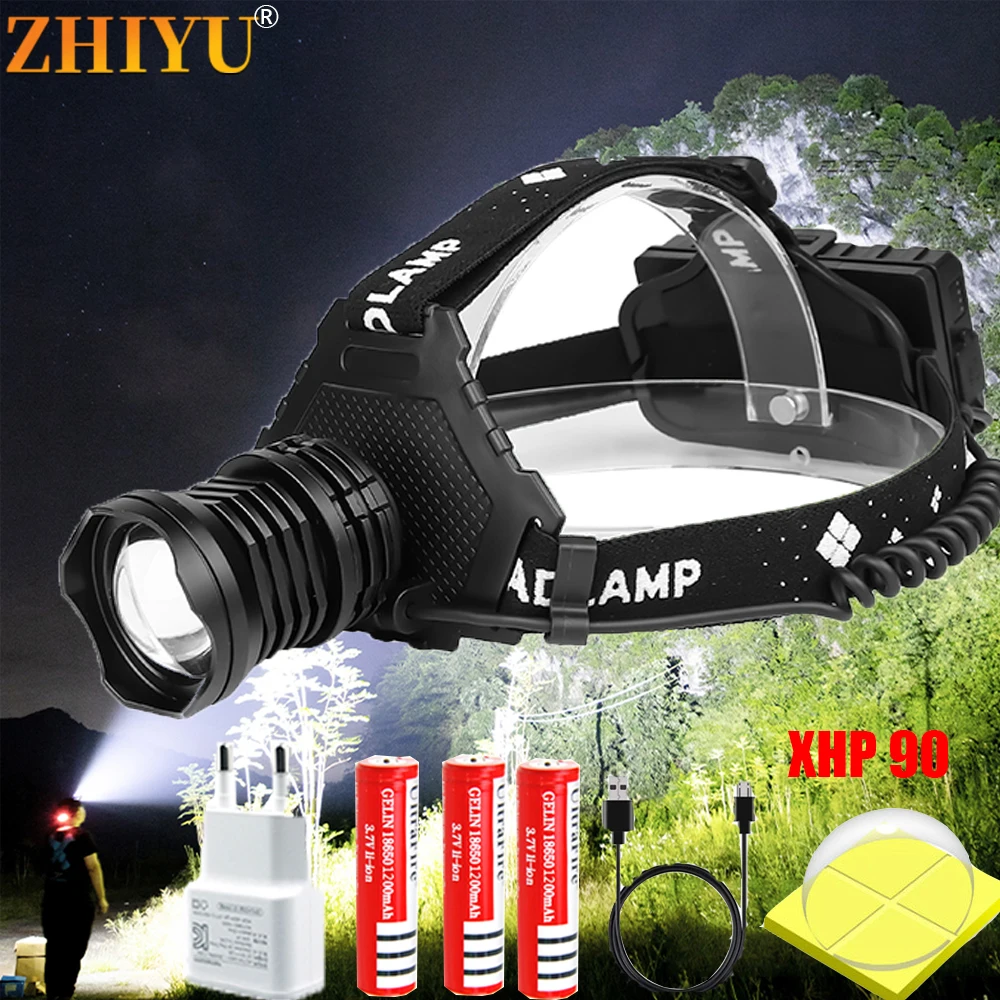 

Светодиодный налобный фонарь XHP90.2, мощный Головной фонарь с аккумулятором 18650, 32 Вт, USB, зум XHP50.2