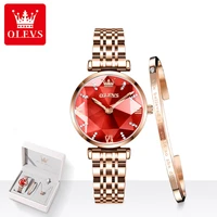 olevs elegant fashion watch rhombus glass watches women ladies luxury clock wine red dropshipping quartz wristwatch suit 2021