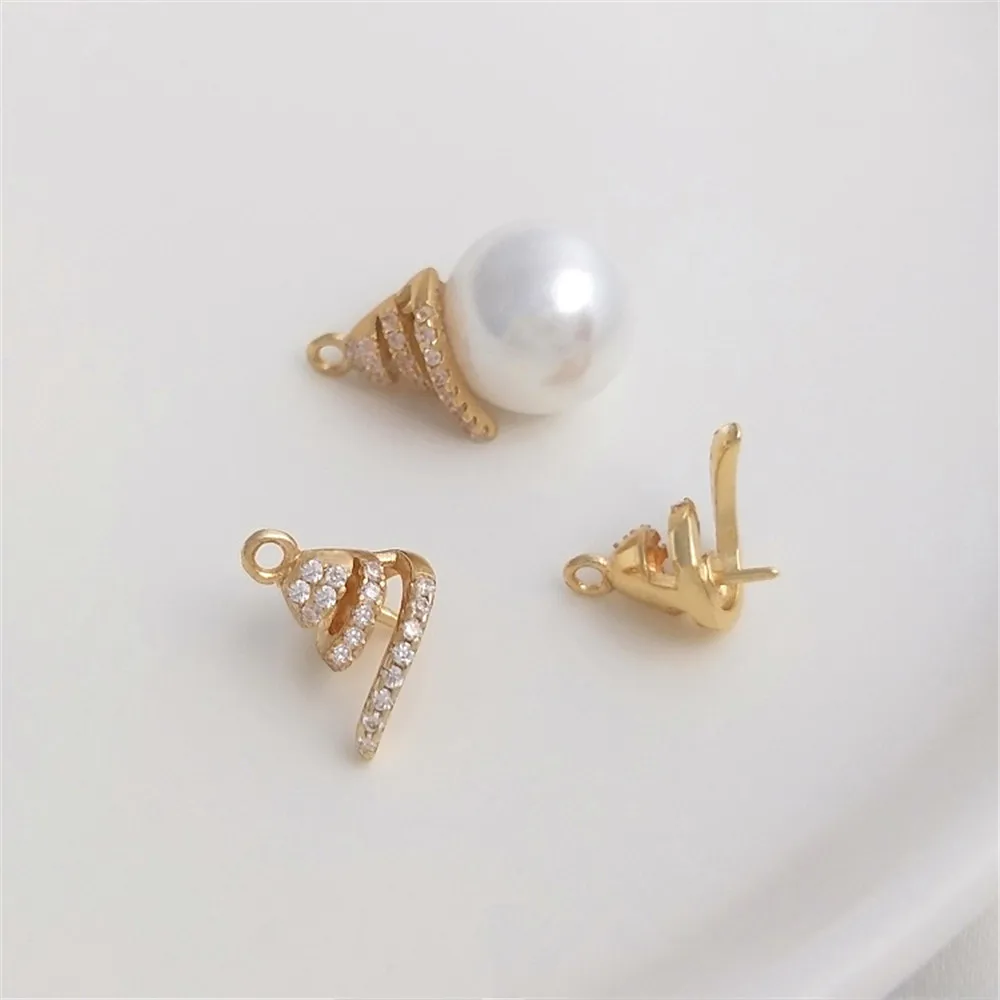

14K Gold Filled Plated Micro-inlaid zircon crystal pearl pendant with half hole spiral empty pendant DIY hand stick bead