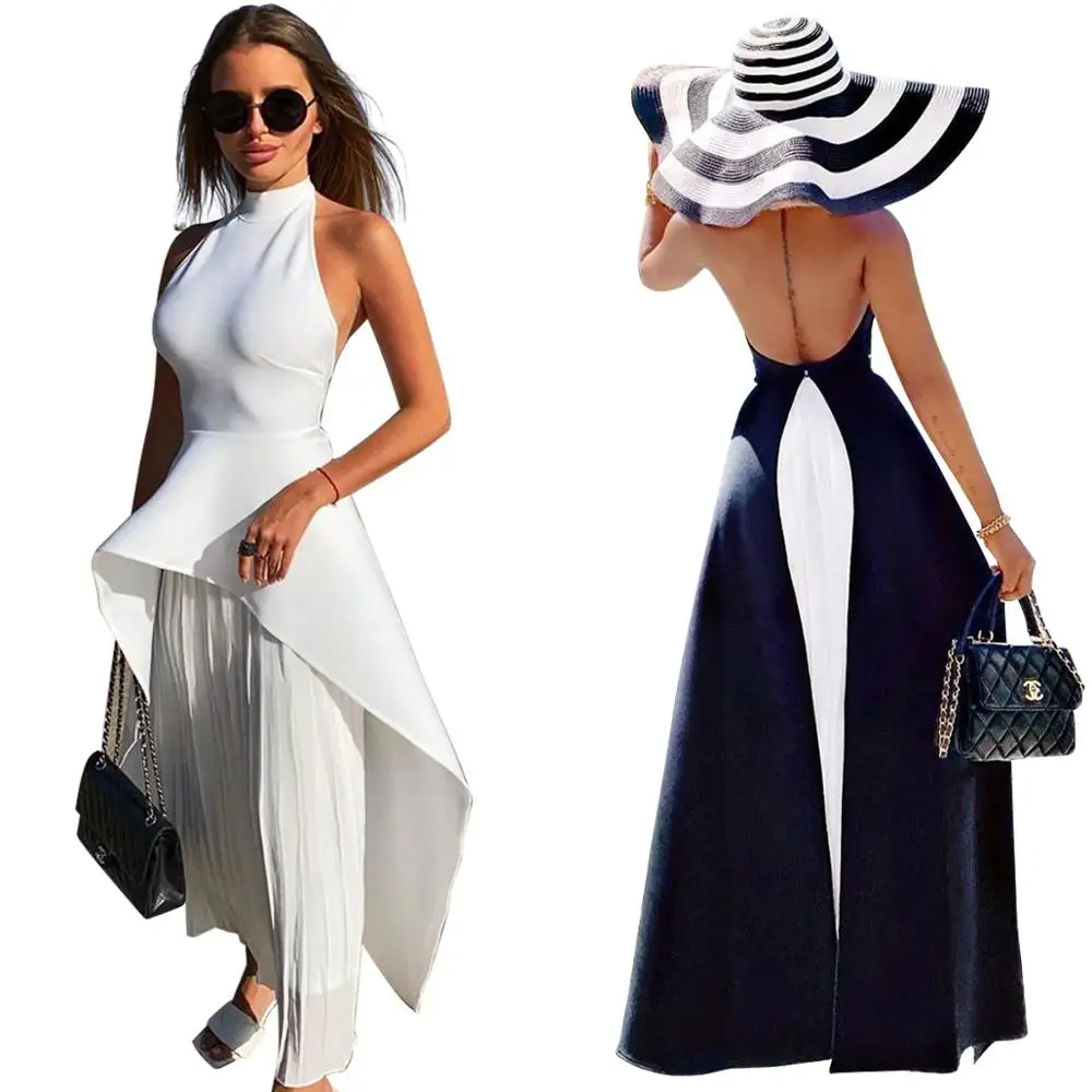 

Sexy Black White Color Block Elegant 2 Piece Set Women Halter Neck Backless Split Tops + Chiffon Pleated Maxi Skirt Club Outfit