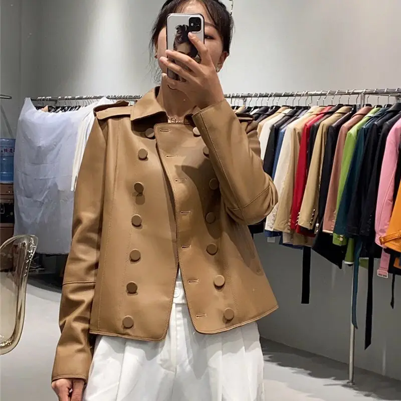 2022 new women sheepskin real leather jacket black camel Double-breasted Genuine Leather Coat for Women