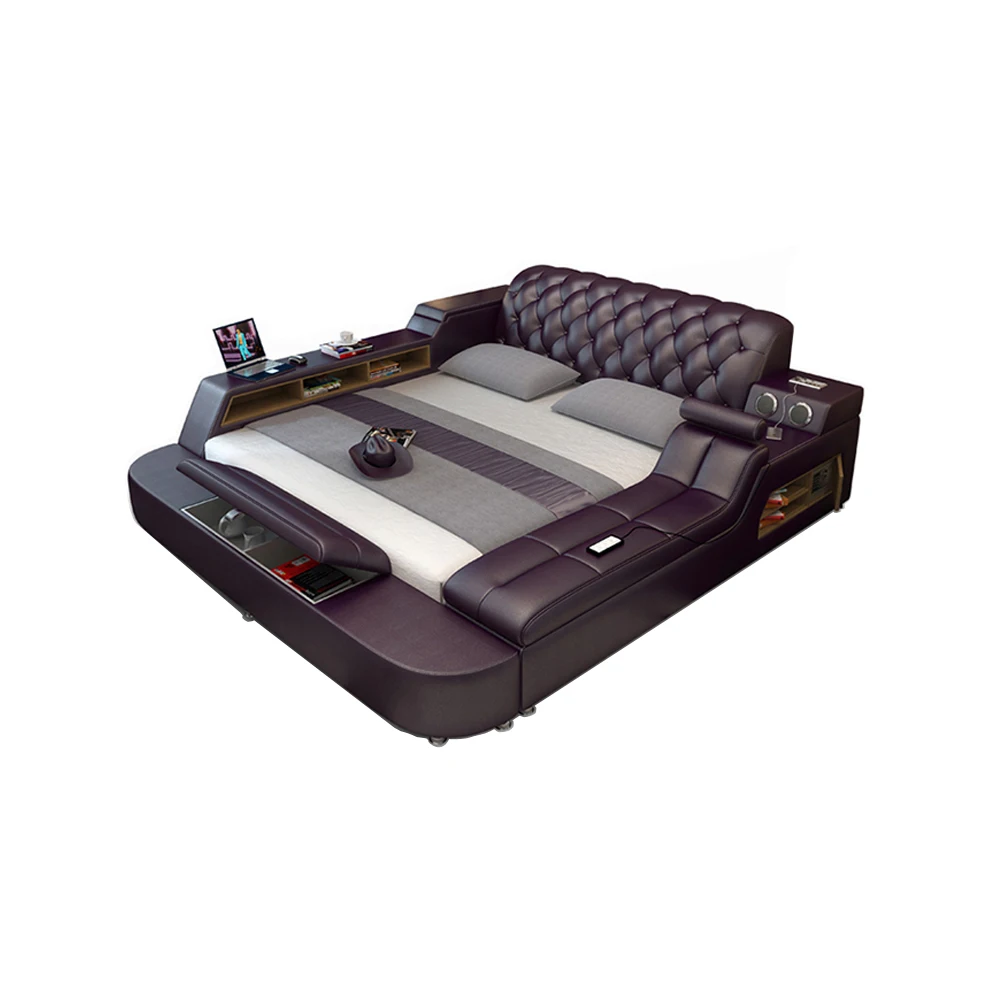 

Genuine leather bed frame Soft Beds massager storage safe speaker LED light Bedroom cama muebles de dormitorio / camas quarto