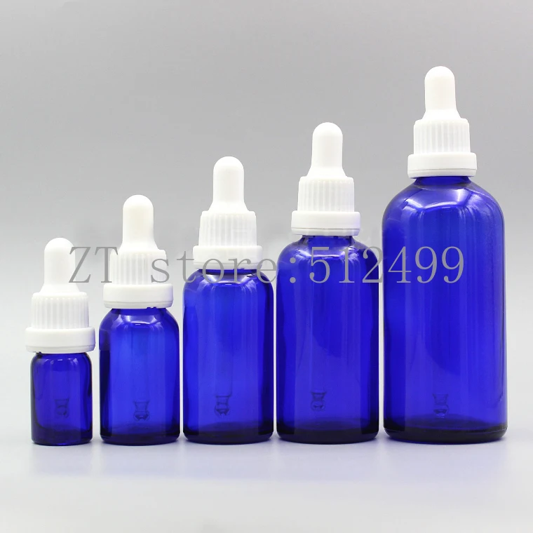 

2/10pcs 5ml 10ml 15ml 20ml 30ml 50ml 100ml Empty Blue Glass Essential Oil Dropper Bottle with Matt Silver Cover &White Glue Head