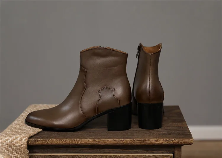 

2020 Autumn/Winter New Genuine Leather Ankle Boots Women Round Toe Thick Heel Side Zipper All-Match Thin Retro Brown Short Boots