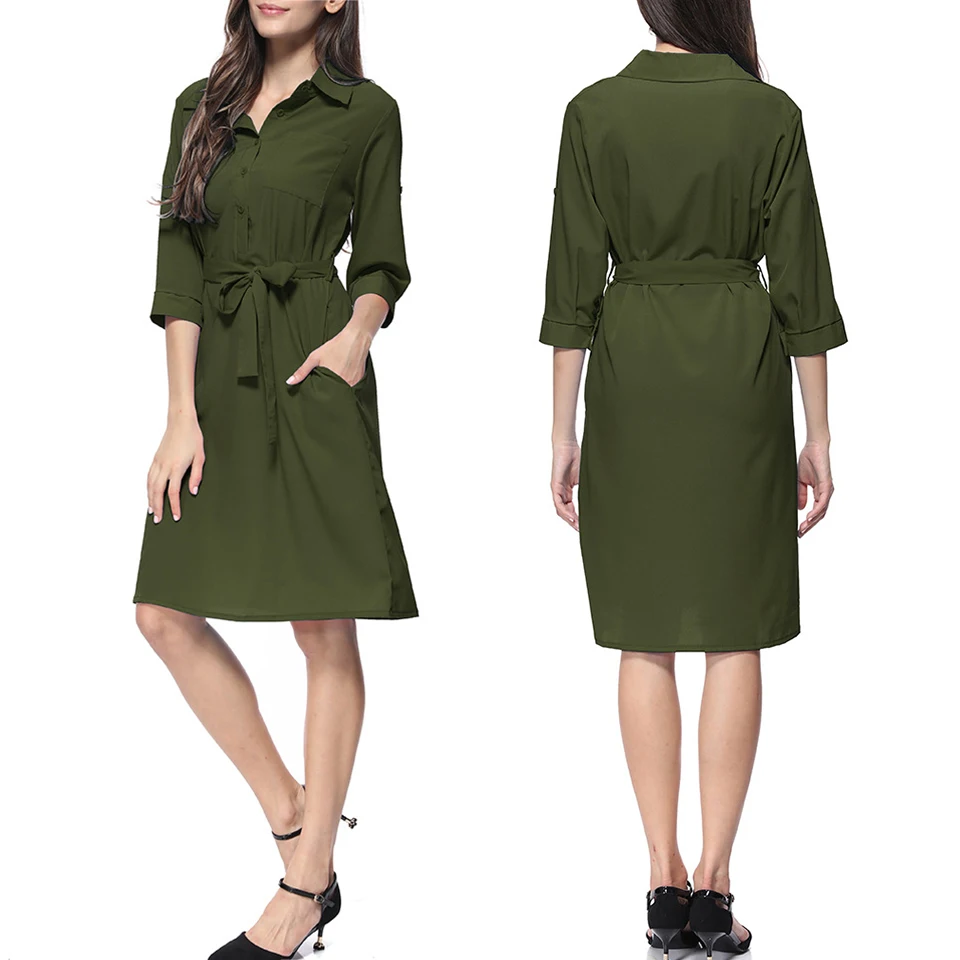 Бизнесс Для Женщина Работать Офисная Одежда Футболка Платье Отворот Отложной