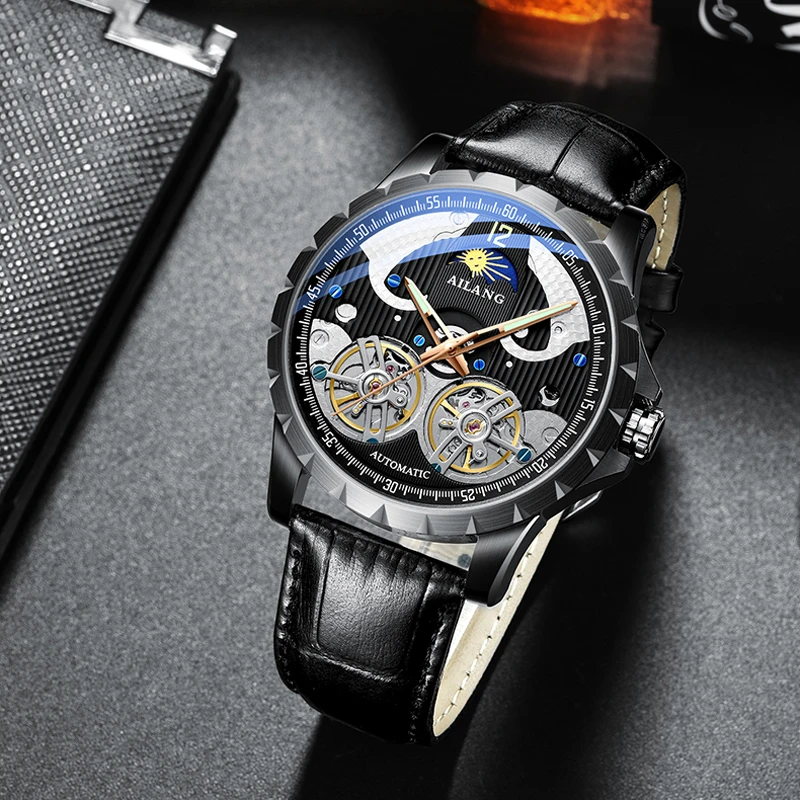 Бренд ailang мужские часы автоматические механические Tourbillon спортивные кожаные