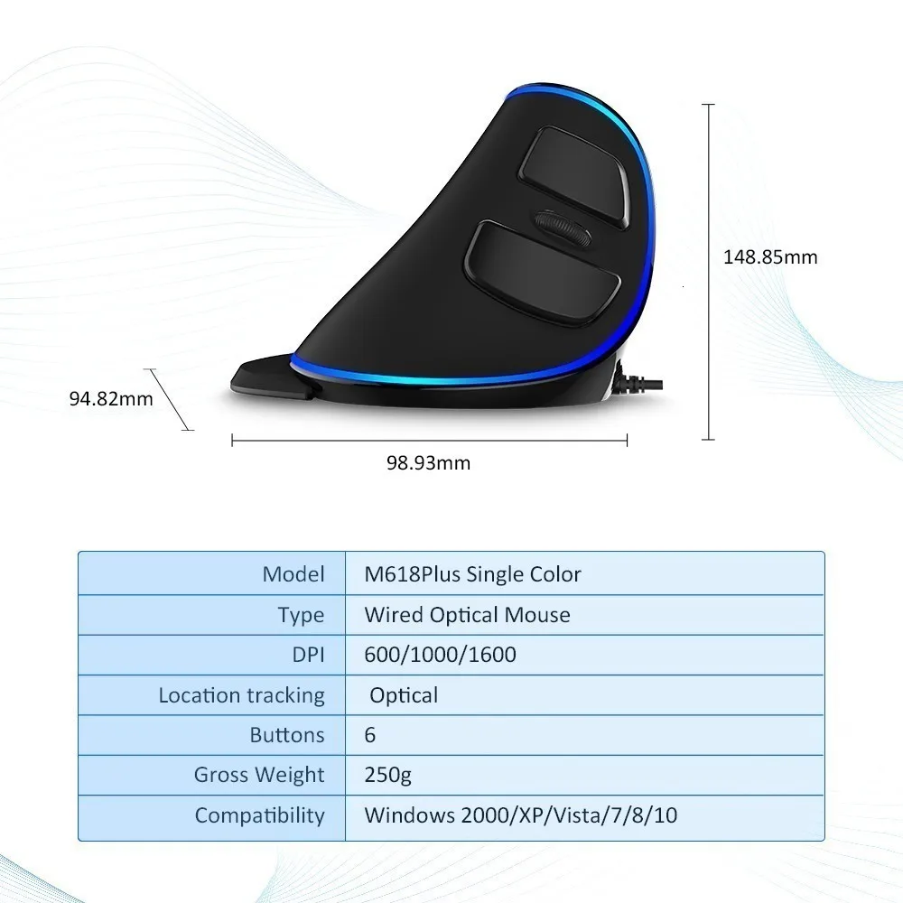 Delux Вертикальная мышь USB компьютерная светодиодный синий светильник оптическая