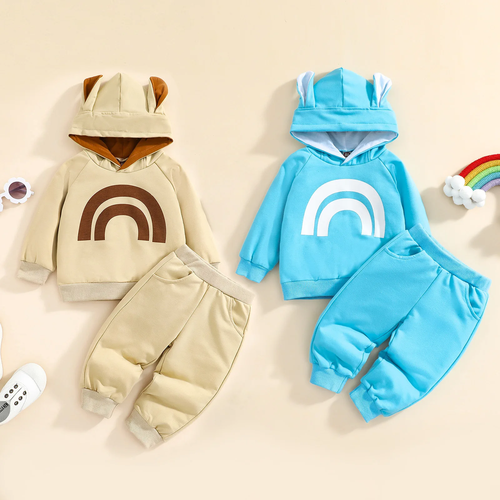 

6M-3T Toddler Boys Solid Color Clothes Baby Girls Cotton Print Clothing Sets Children's Cute Rainbow Hooded Tops Trousers Suits
