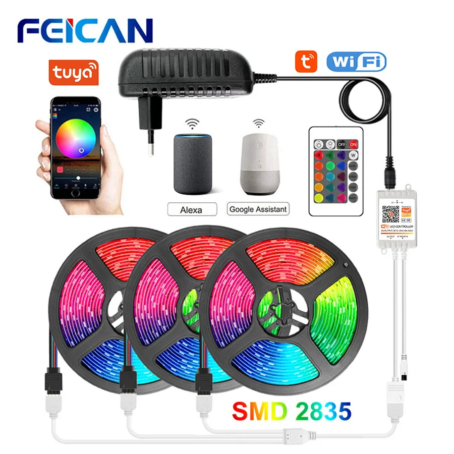 Светодиодные ленты 15 м WiFi светодиодный светильник RGB Tuya Smart работает с Alexa 12V