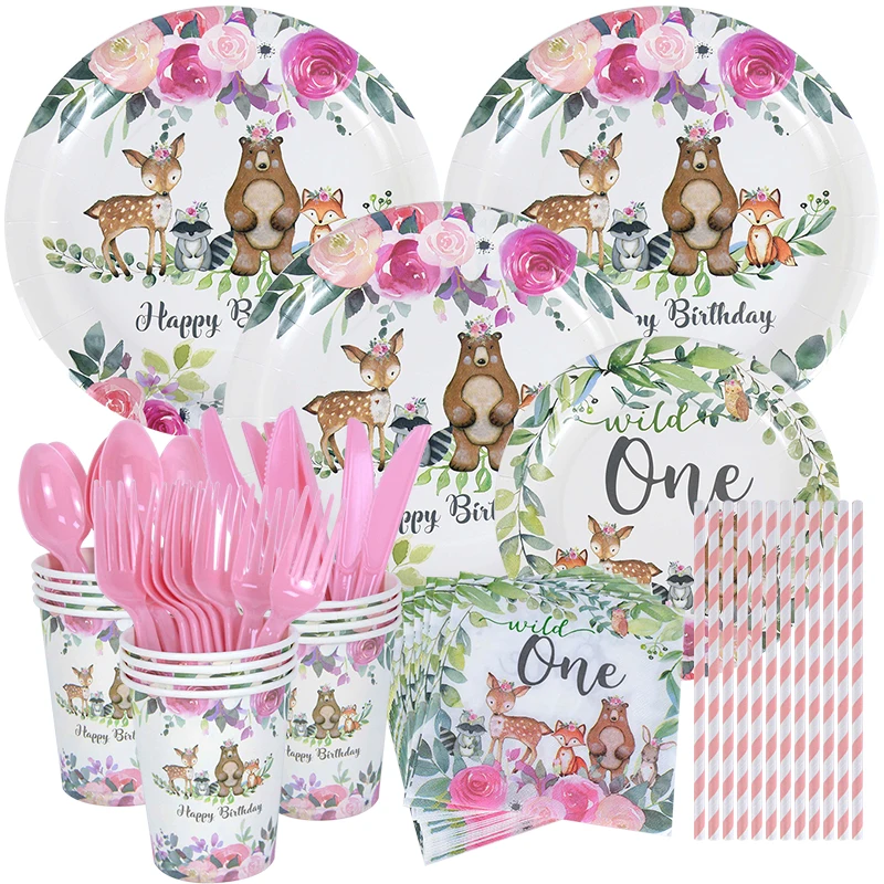 

Baby Girls 1St First Birthday Party Decorations Wild One Forest Animals Theme Party Tableware Dispossable Pink Dinner Plates 8