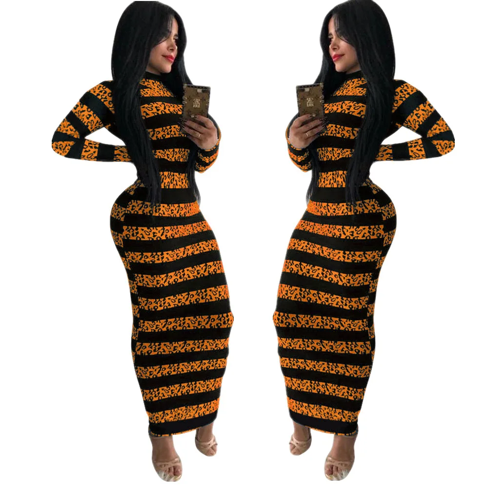 

Autumn Winter Women Maxi Dresses Casual Striped Print O-Neck Long Sleeve Sheath Pencil Dress Lady Long Dress Robe Moulante Femme