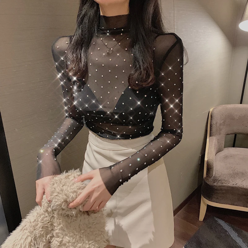 GRUIICEEN 2020 Сексуальная Весенняя прозрачная сетчатая женская футболка с длинным