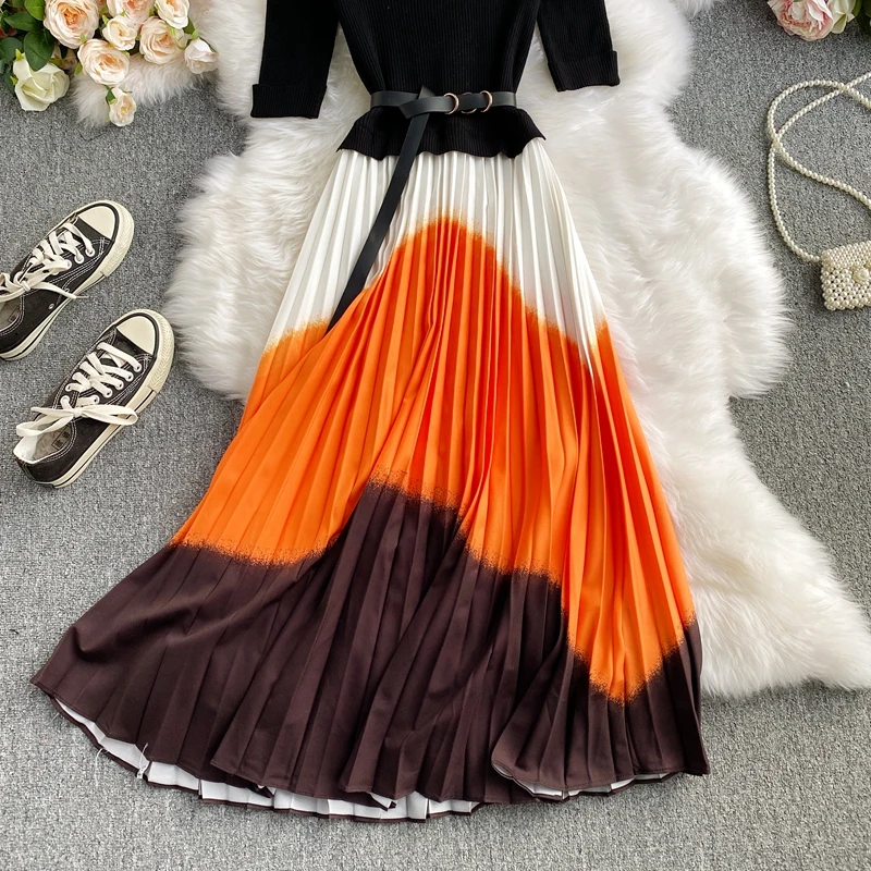 

Women Design Pleated Dress Fashion Chic Splice Knitted A-lineDresses 2021 Autumn Korean Ins Streetwear Midi Long Dress DZA447