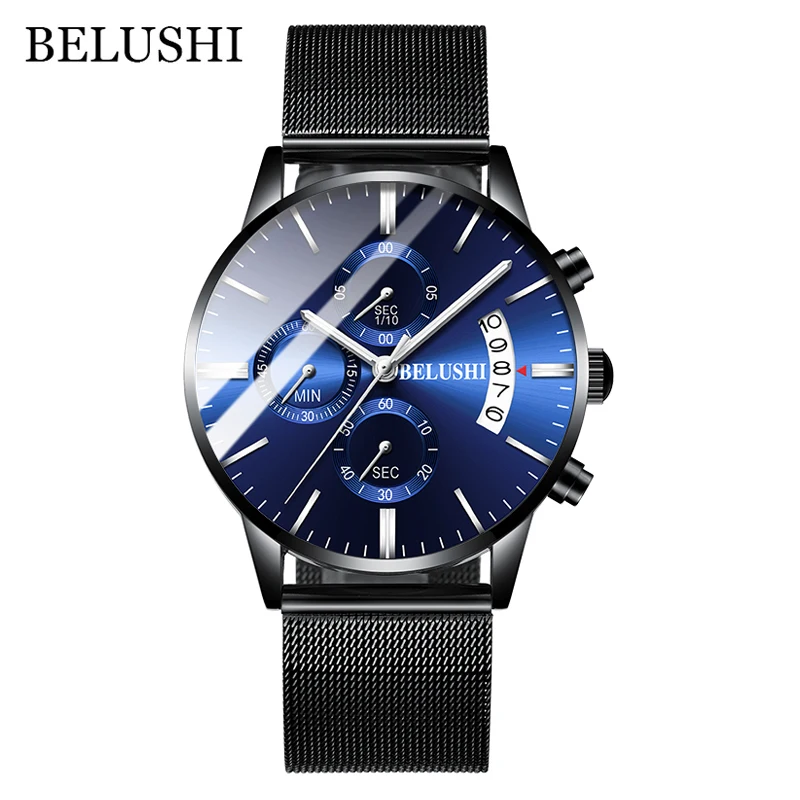 Meshbelt Blue Silver Мужские часы от роскошного бренда BELUSHI, высококачественные мужские деловые повседневные часы, мужские водонепроницаемые спортивные кварцевые наручные часы relogio masculino - Цвет: Meshbelt Blue Silver