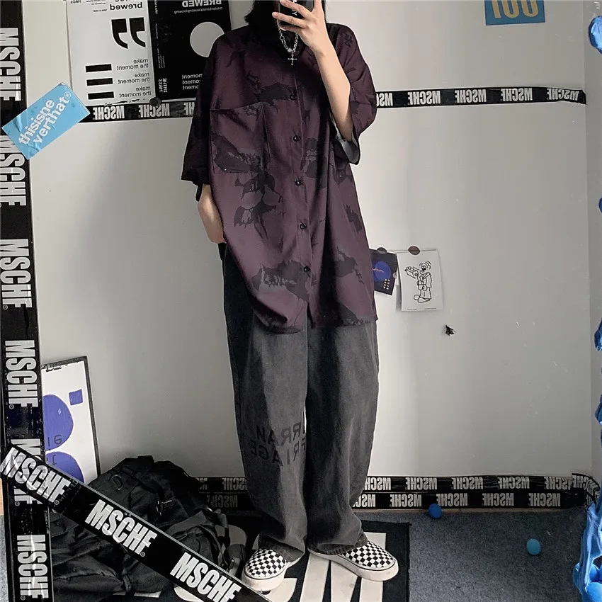 

Graffiti Short Sleeve Shirts for Men Couple Clothing Punk Tops Casual Printed Chemise Homme 2021 New Fashions Hip Hop Streetwear