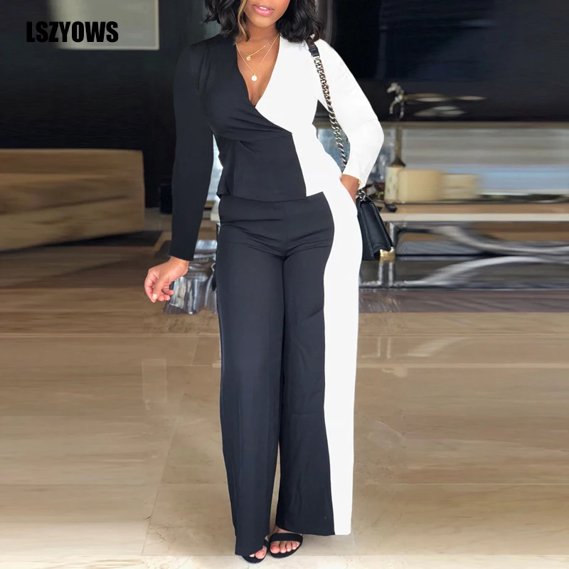 Casual Two Piece Set Women Patchwork Long Sleeve V-Neck T-shirts and Wide Leg Pant Suit Office Lady Matching Outfits Autumn 2021