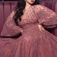 dubai gold luxury beaded a line evening gown 2022 o neck lantern sleeves for women formal pary dress
