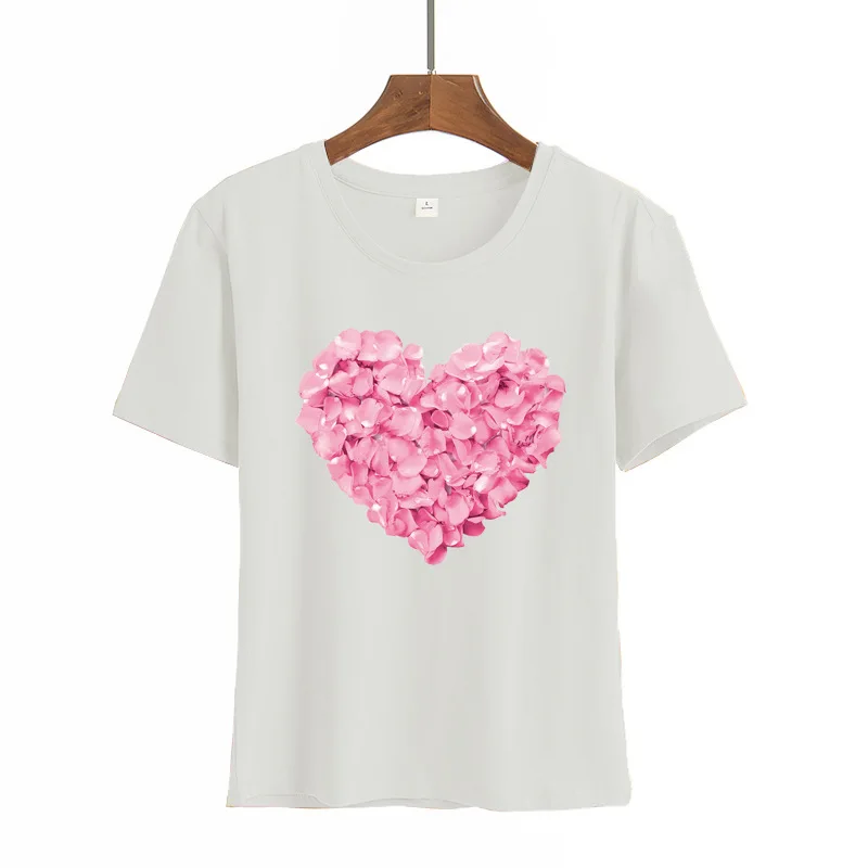 Женская футболка с принтом РОЗОВОГО СЕРДЦА и цветов повседневные белые топы для