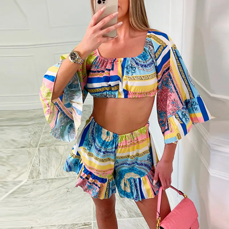 

Za Women Print Two Piece Set Sexy Fashion Long Flare Sleeve Off Shoulder Top And Short Set 2021 Summer Female Outfits