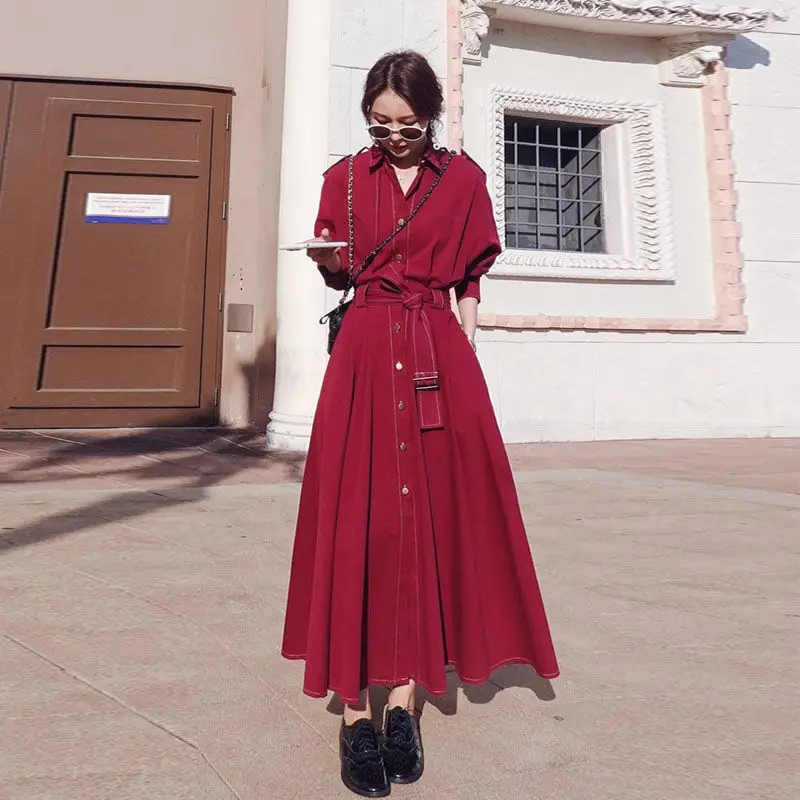 

2020 Autumn New Style Elegant Waist Slimming French a Word over the Knee Long Shirt Dress Female Commuter