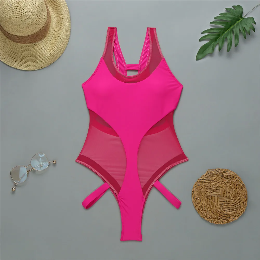 

Sexy orange One Piece Swimsuit 2020 New Mesh Patchwork Swimwear Bodysuit Bathing Suit Monokini