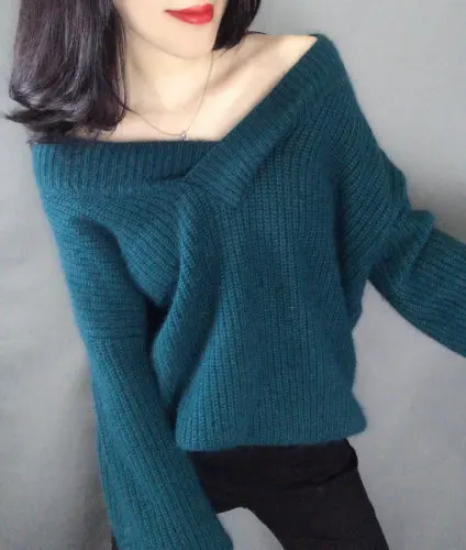

Autumn Winter New Lantern Sleeve Mohair Cashmere Sweater Female Green White Sleeve Loose Thick V-neck Pullovers Sweater Cl011