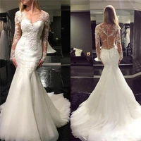 sheer long sleeves slim mermaid wedding dresses tulle illusion buttons back bridal gowns formal long robe de mariee vestidos