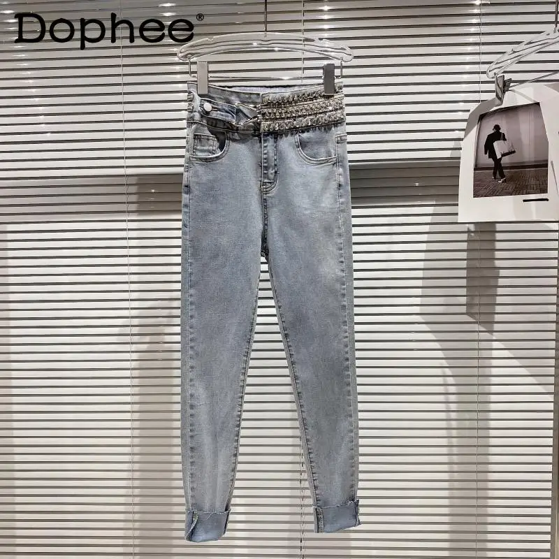 

Новинка весны 2021, украшенные бисером штаны стразы на талии, элегантные джинсовые брюки, женские эластичные джинсовые брюки-карандаш, женска...