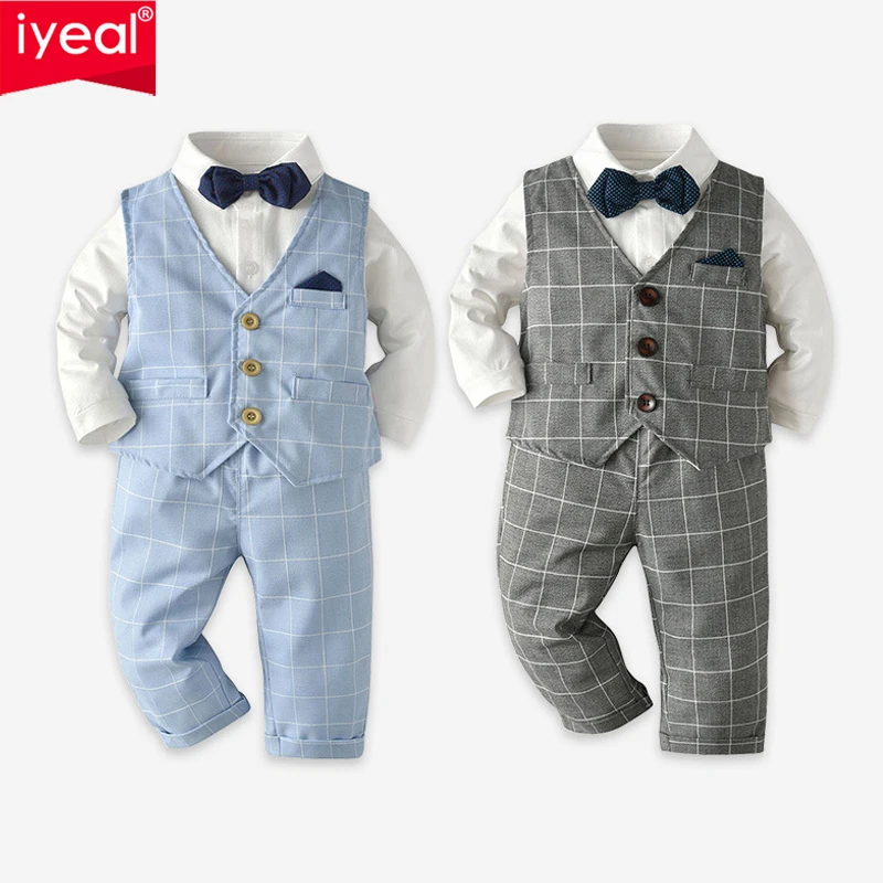 IYEAL Toddler Infant Baby Boys Clothes Newborn Bow Tie Romper Shirts Tops+ Vest +Pants Gentleman Suit Outfits For Wedding Party |