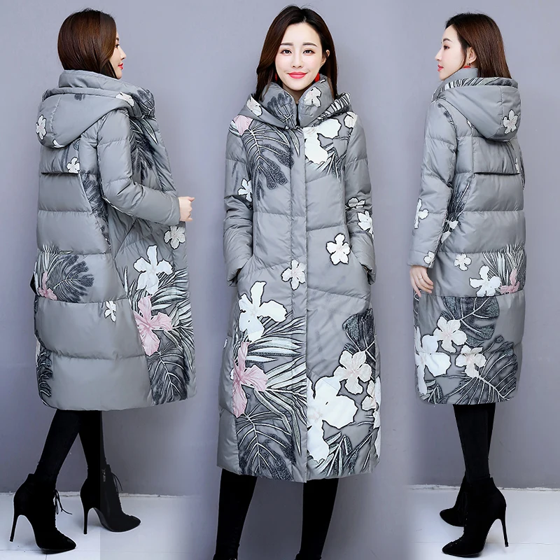 Flower Print Winter jacket Women Long Parkas Slim Down Coat Female Thick Warm Jacket Overcoat 0811-245 | Женская одежда