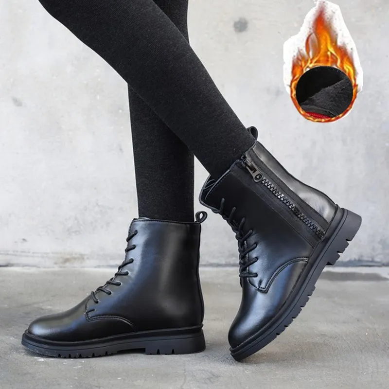 

Kids Leather Shoes Solid Color Black Girls Ankle Boots Winter Plush Warm Non-slip Girls Snow Boots Size 27-37 STQ064